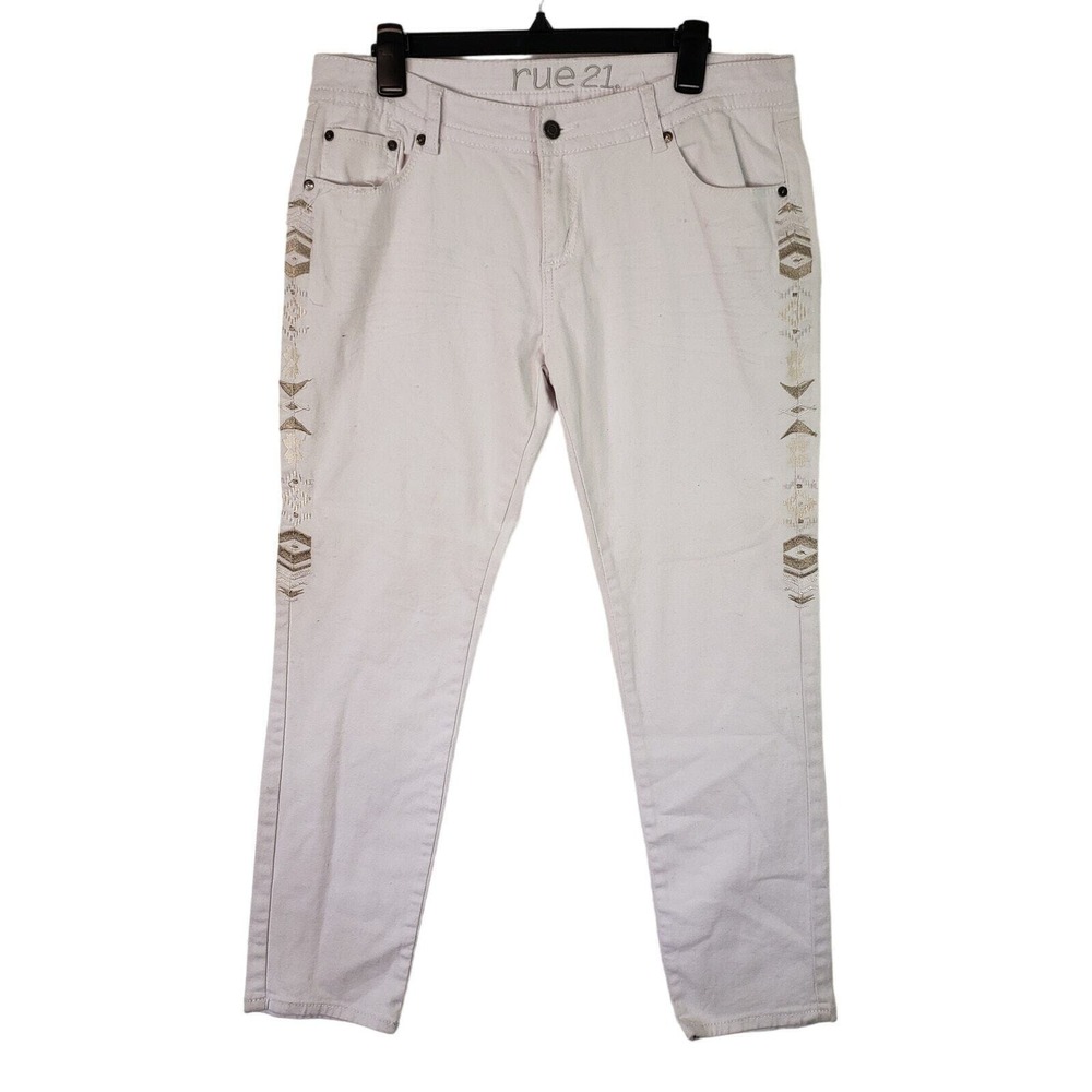 Rue21 Denim Juniors 13/14 White‎ Aztec Embroidered Denim Jeans Cotton Blend Boho